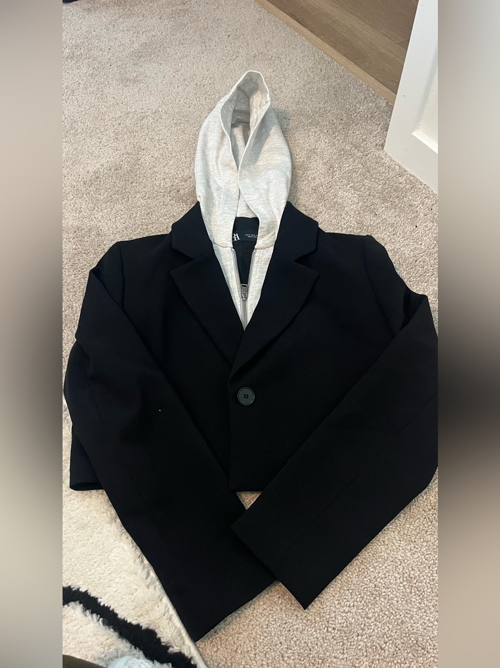 Zara Black Blazer with Light Gray Hooded Inner Layer